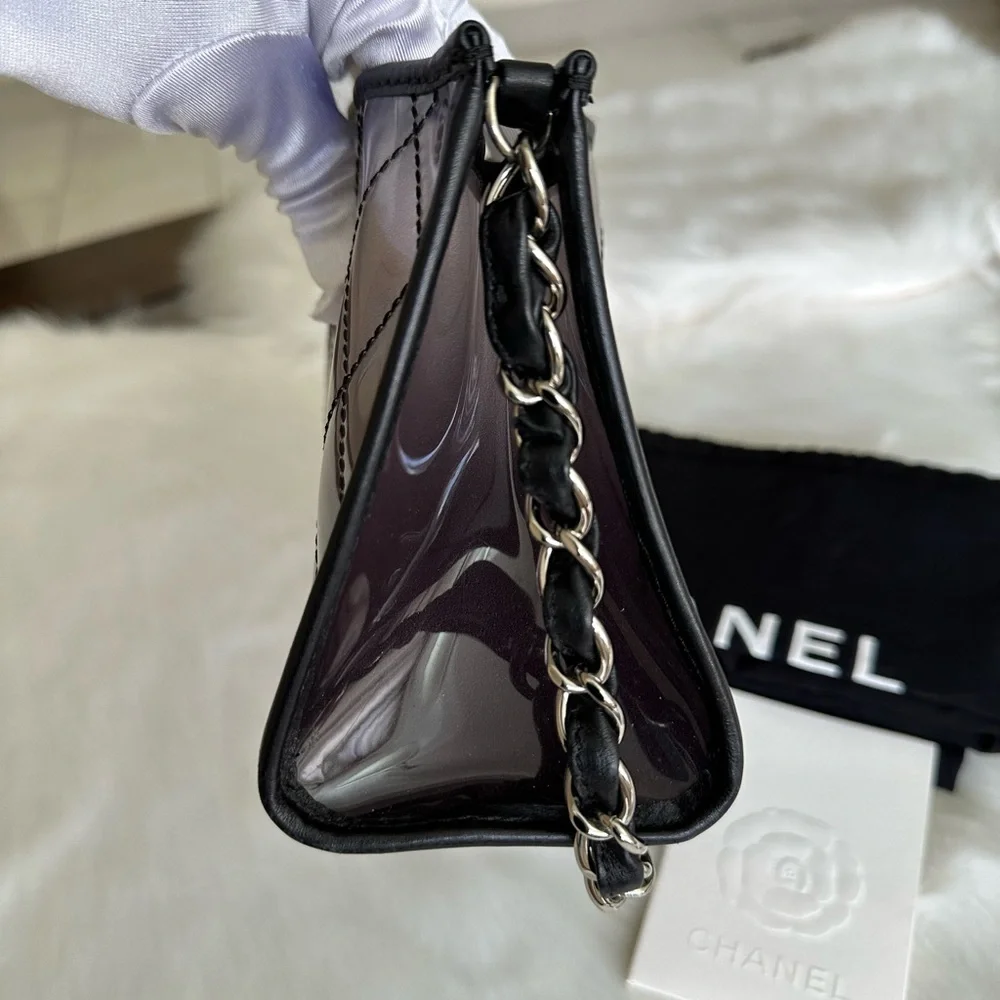 CHANEL Silver Quilted PVC Shoulder Bag with Black Trim